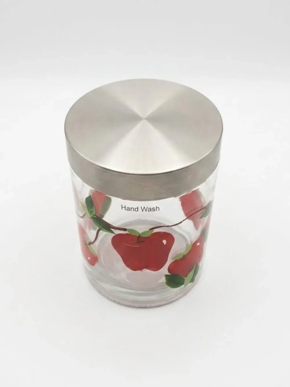 Vintage 1970s Clear Glass Kitchen Storage Canister Jar with Red Apples